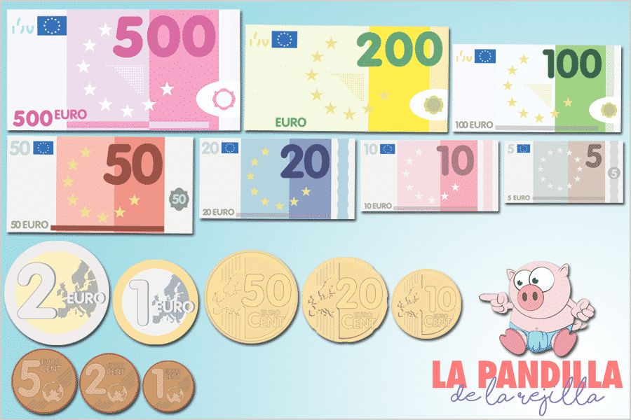 Dibujos de Billetes y Monedas de Euro para Imprimir